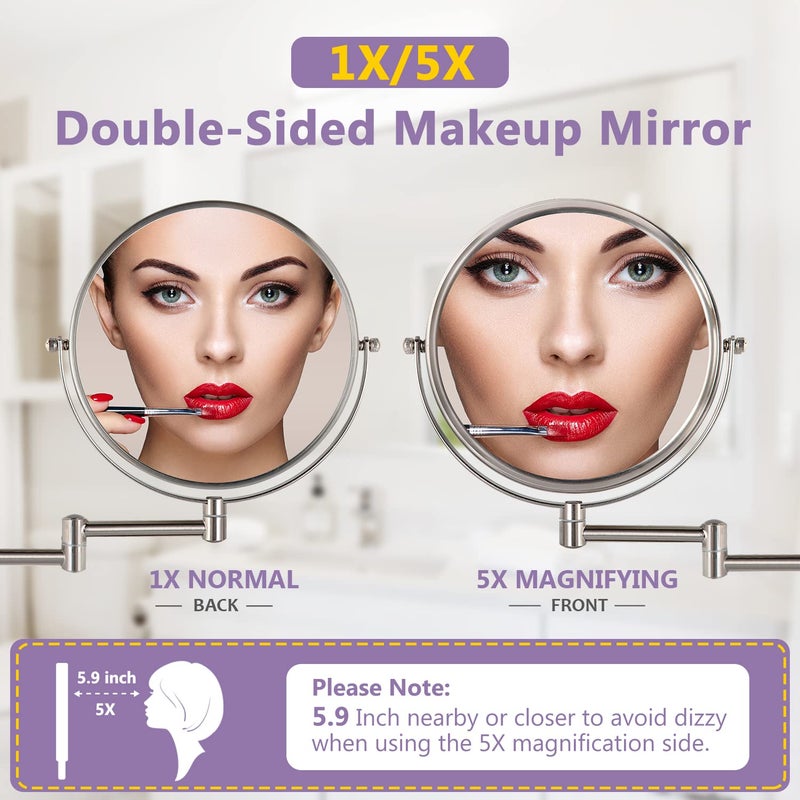 Alhakin Wall Mounted Makeup Mirror, 1X/5X Magnifying Mirror Double Sided, 8 Inch Extendable Bathroom Mirror for Shaving, Nickel - Image 2